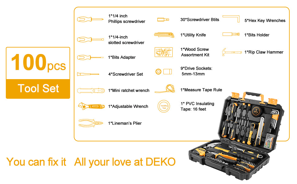 Maletín de Herramientas DEKO 100 Piezas – Kit Completo de Reparación para el Hogar con Caja