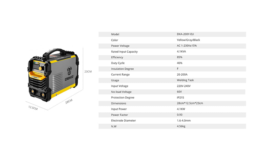 Soldadora DEKO MMA 220V ARC 200A – Máquina de Soldadura con Soporte de Electrodo y Accesorios