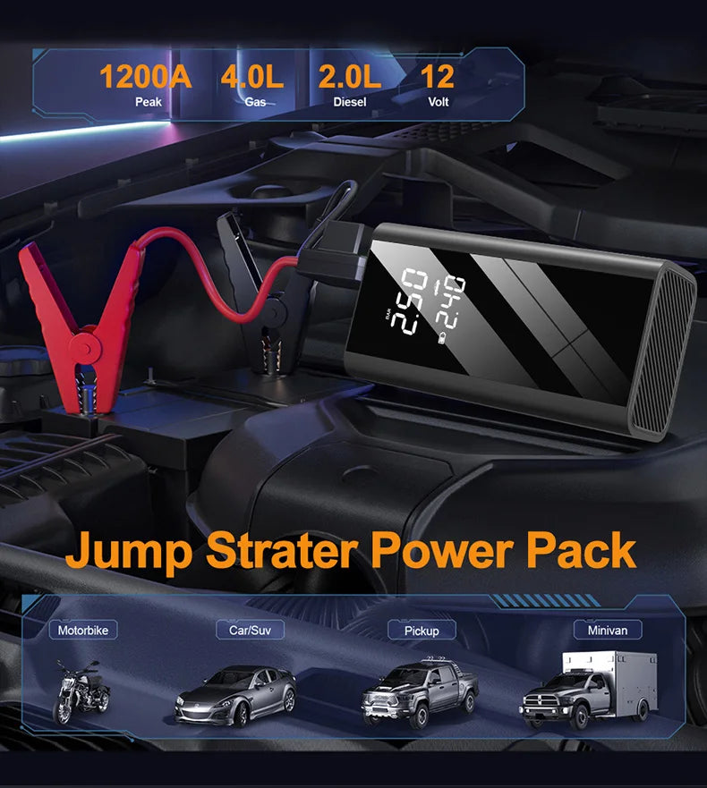 Arrancador de Coche EAFC 1200A con Compresor 150 PSI – Power Bank Portátil de Emergencia