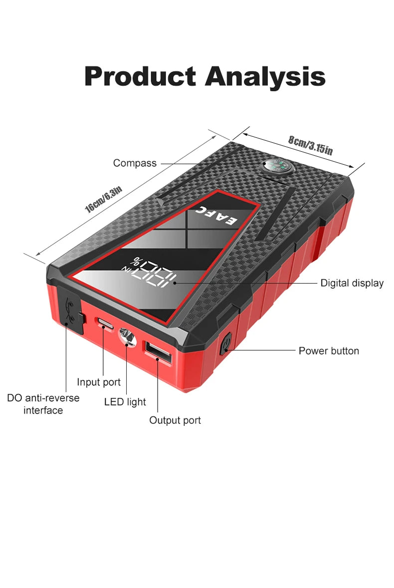 Arrancador de Coche EAFC 1200A 8000mAh – Booster Batería 12V Portátil con Power Bank