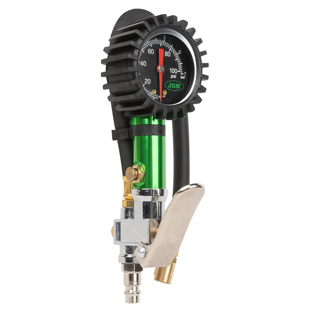 Pistola de Inflado de Neumáticos JBM 53449 con Manómetro Analógico – Inflador 0-100 PSI / 0-7 BAR, Manguera Antitorsión 300 mm y Botón de Purga