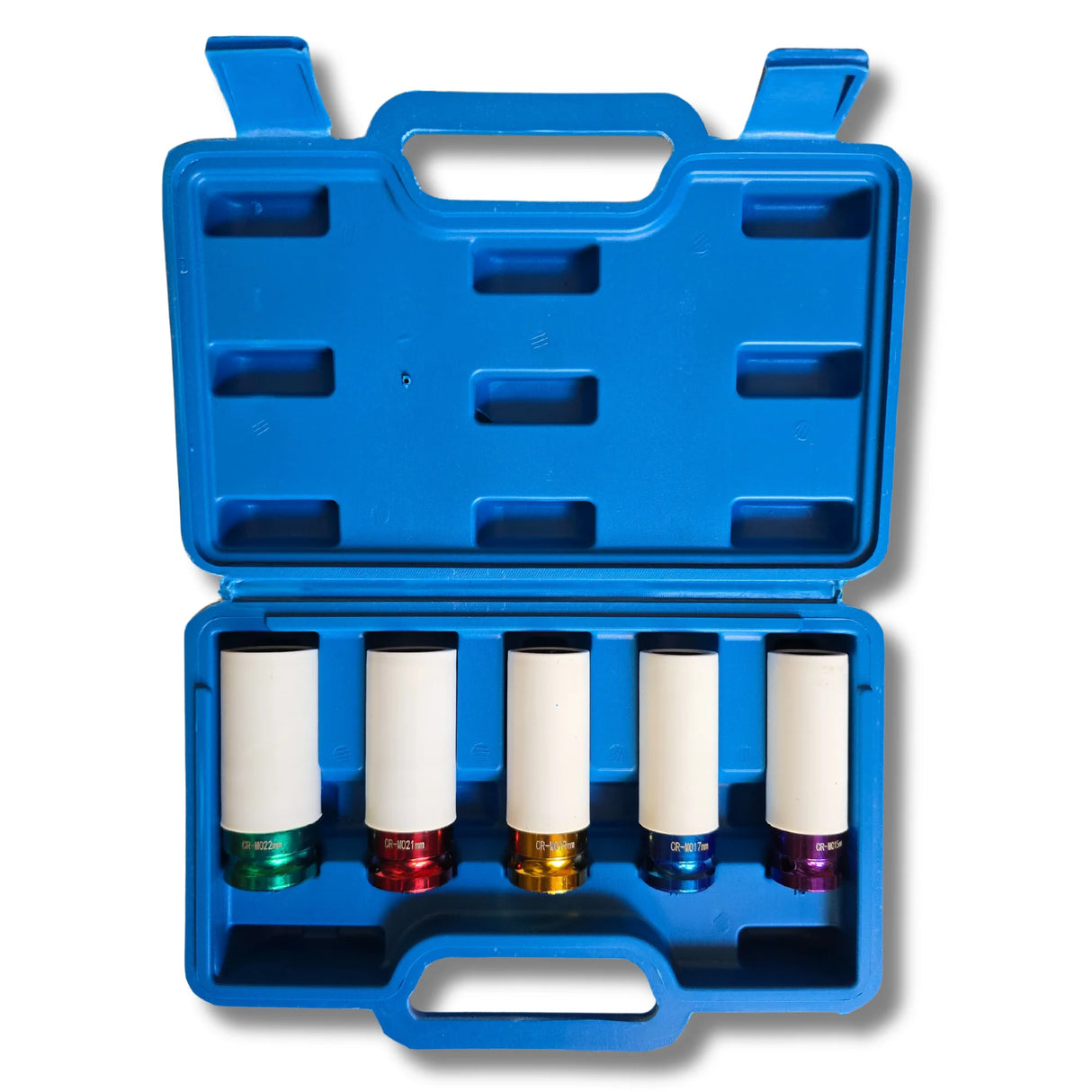 AC Tools Juego de 5 vasos de impacto medidas 15, 17, 19, 21 y 22 mm, con cubierta de nylon para proteger tus llantas. Para pistolas de impacto o llaves de 1/2.