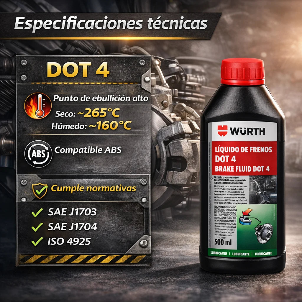 Líquido de Frenos Würth DOT 4 500ml – Fluido Profesional Alta Temperatura para ABS, DOT3/DOT4 Coches y Motos