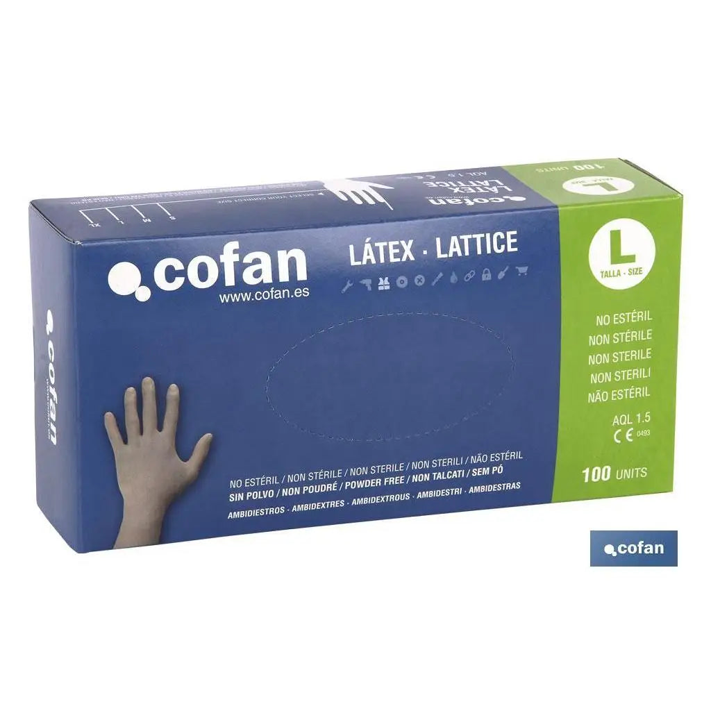 Cofan Caja 100 Guantes de Látex Sin Polvo – Resistentes, Dispensador, Uso Profesional y Jardinería