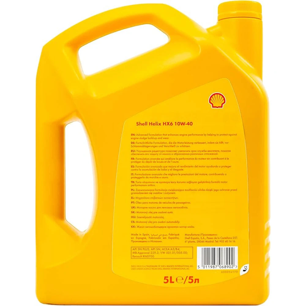Shell Helix HX6 10W40 5L – Aceite de Motor con Protección Antidesgaste