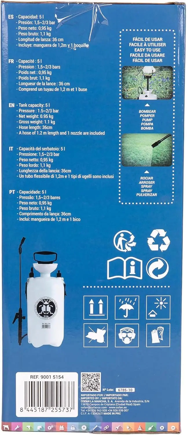 Pulverizador Manual Cofan 5 Litros – Pulverizador de Presión para Jardín y Limpieza
