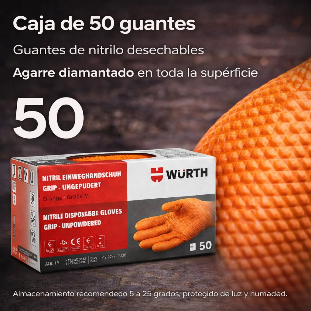 Guantes de Nitrilo Diamantados Würth x50 – Desechables con Agarre Superior para Taller e Industria