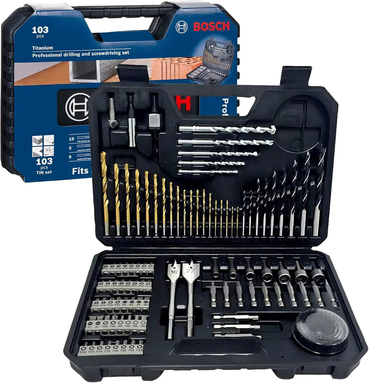 Set de Brocas Bosch 2608594070 – Juego Mixto Profesional 103 Piezas para Metal, Madera y Albañilería