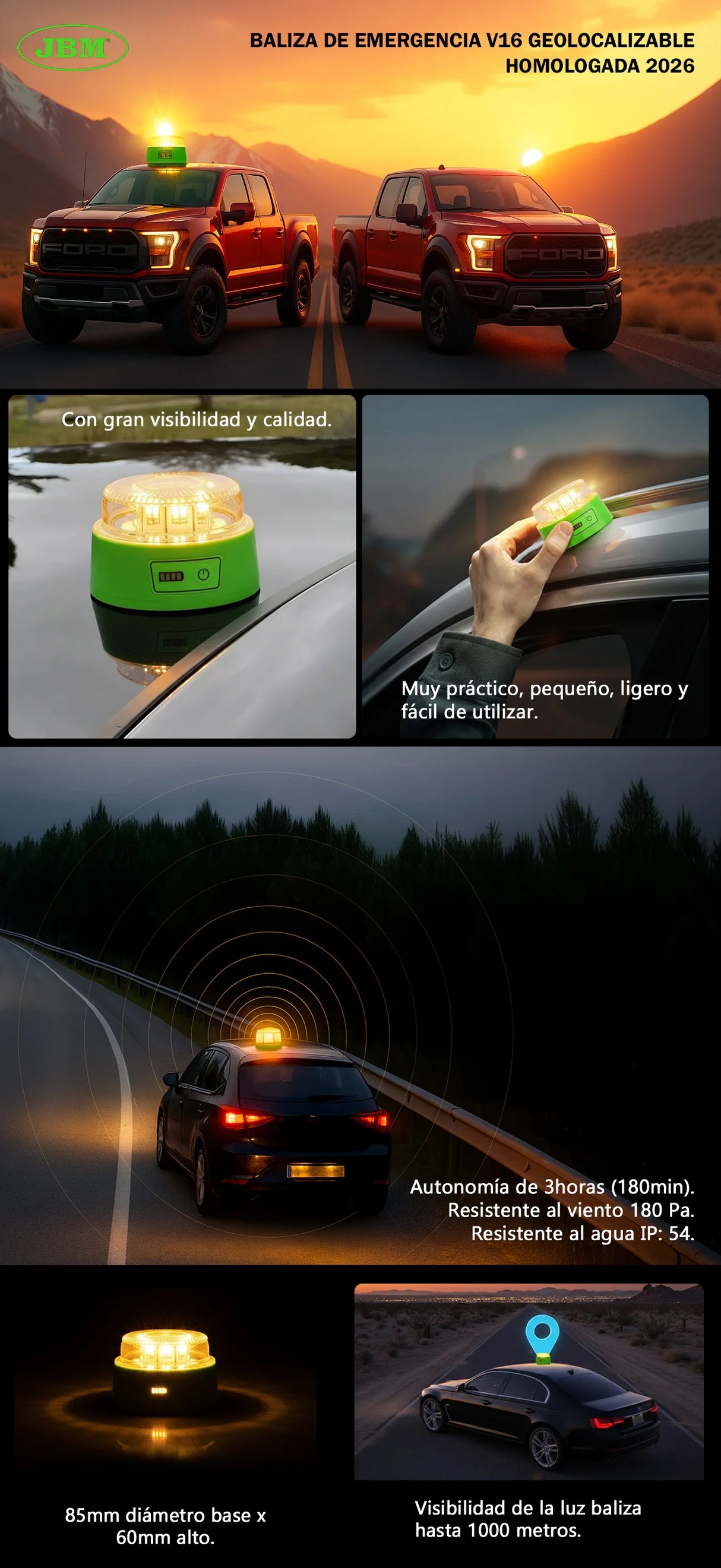 Baliza de Emergencia V16 JBM Geolocalizable – Luz LED 360°, Alcance 1 km, Conectividad DGT 3.0 con SIM, Homologada 2026