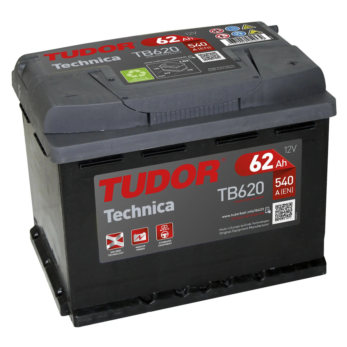 Batería Tudor TB620 62Ah H5 – Alta Capacidad y Arranque Fiable para Vehículos