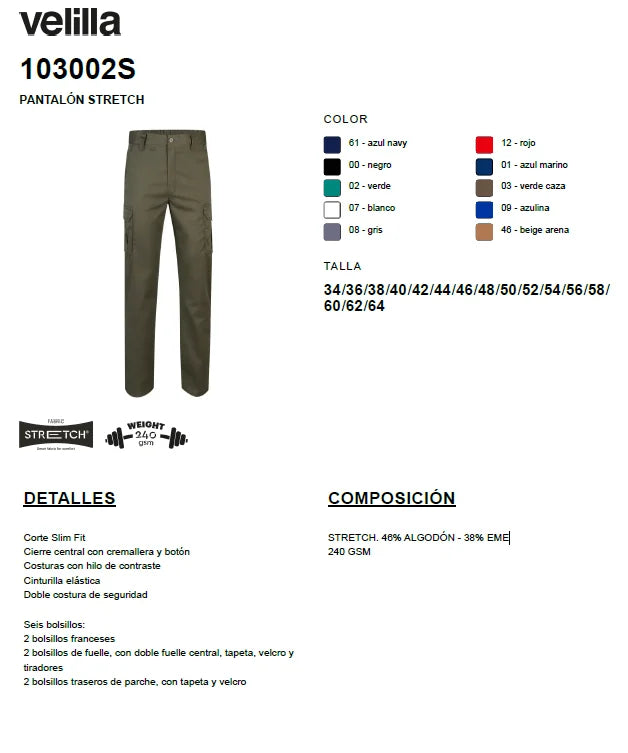 Pantalón de Trabajo Velilla 103002S Stretch Slim Fit – Elástico y Resistente con Doble Costura