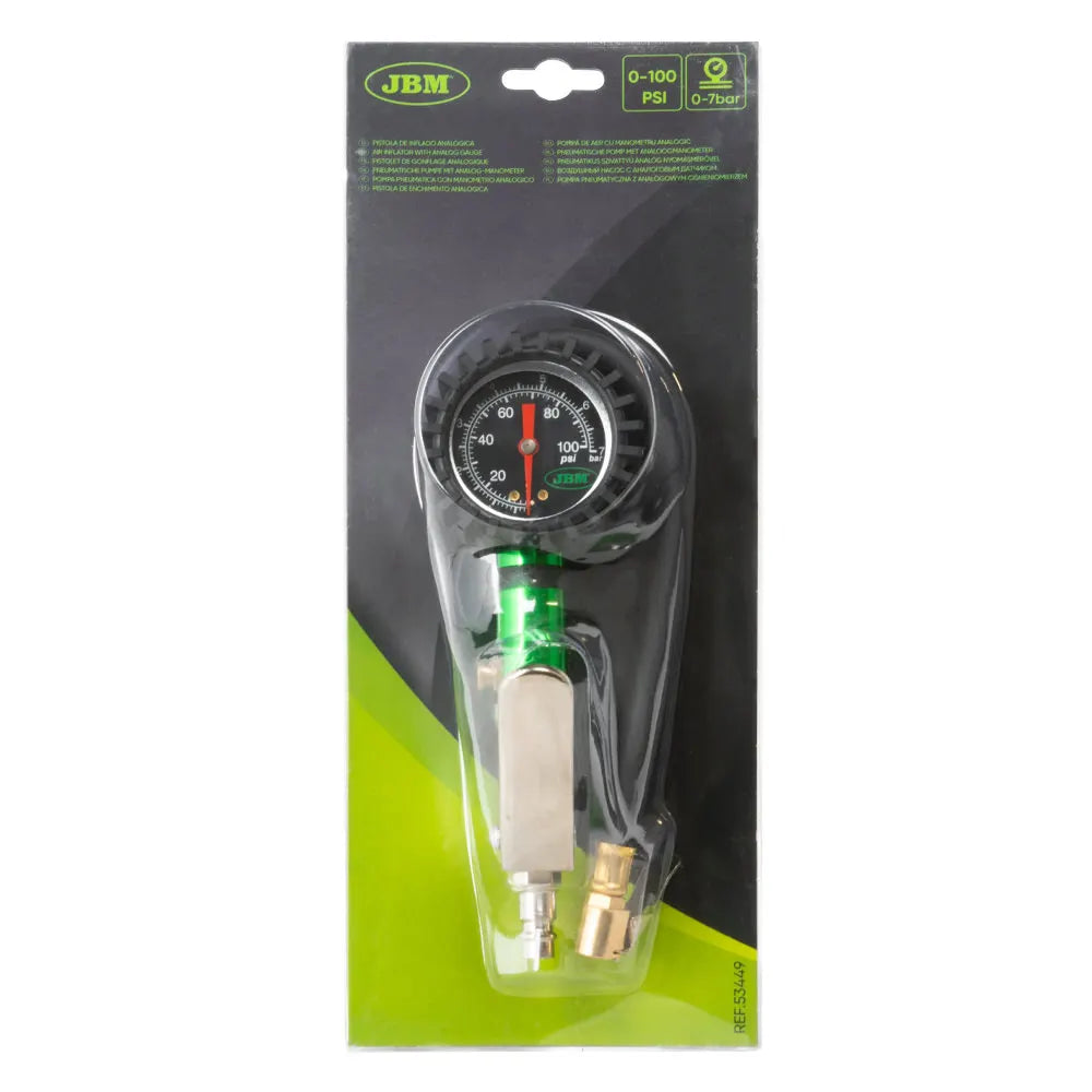 Pistola de Inflado de Neumáticos JBM 53449 con Manómetro Analógico – Inflador 0-100 PSI / 0-7 BAR, Manguera Antitorsión 300 mm y Botón de Purga