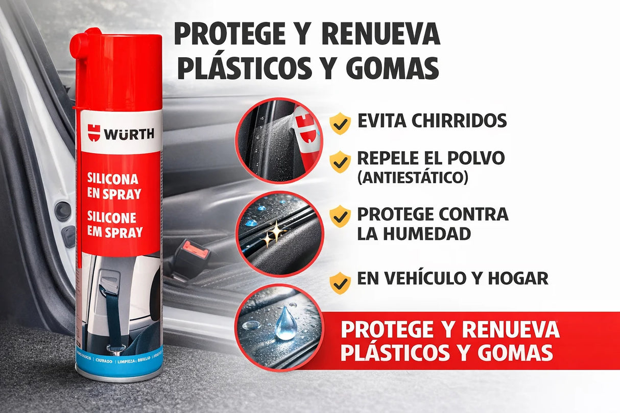 WÜRTH Silicona en Spray Incoloro 500ml - Lubricante para Plástico, Caucho y Metal | Protección Duradera y Anti-estática