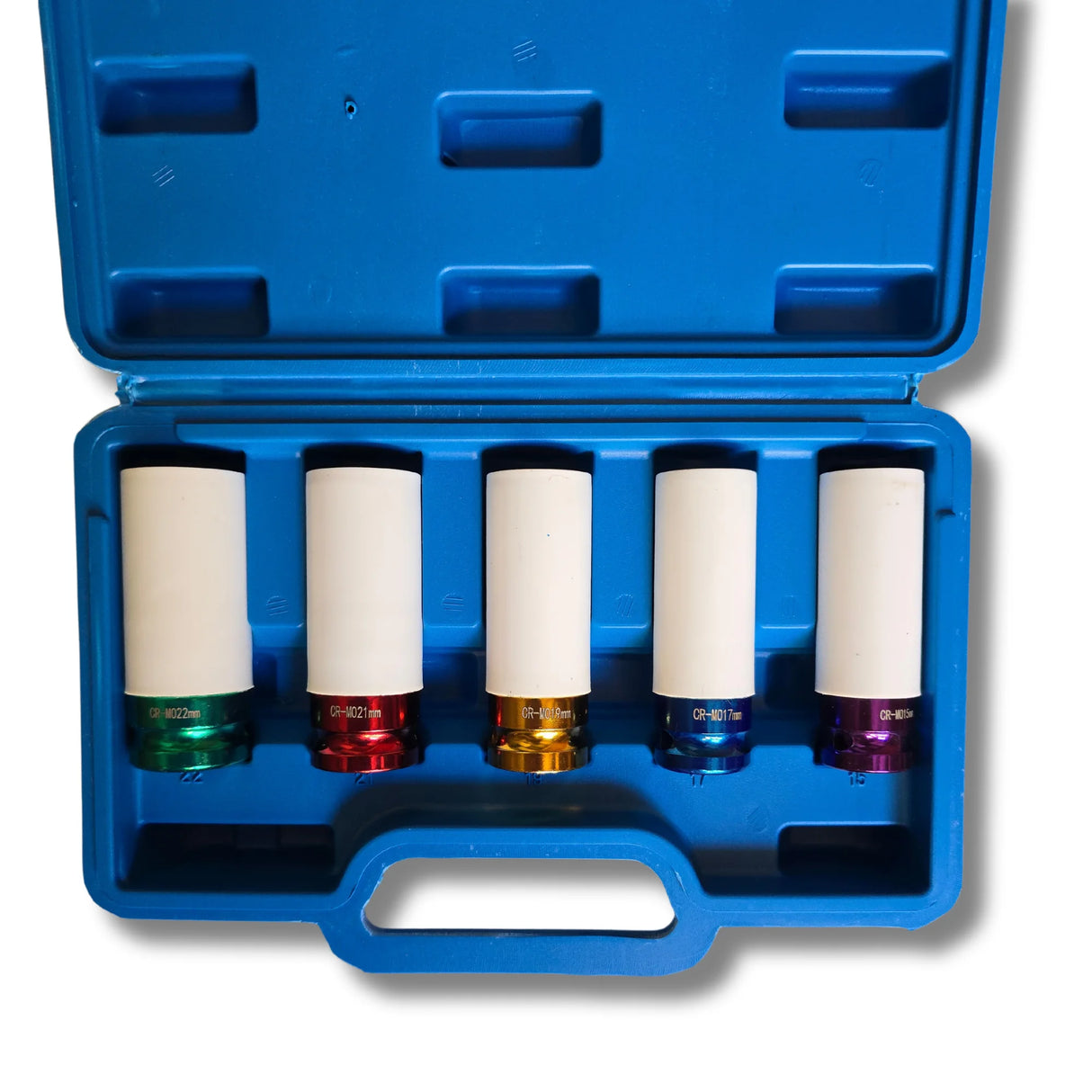 AC Tools Juego de 5 vasos de impacto medidas 15, 17, 19, 21 y 22 mm, con cubierta de nylon para proteger tus llantas. Para pistolas de impacto o llaves de 1/2.