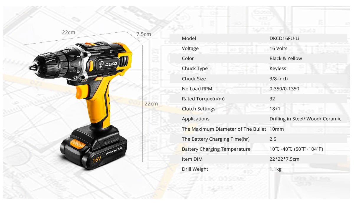 Taladro Inalámbrico DEKO 12V/16V/20V – Destornillador Eléctrico con Batería Litio para Bricolaje
