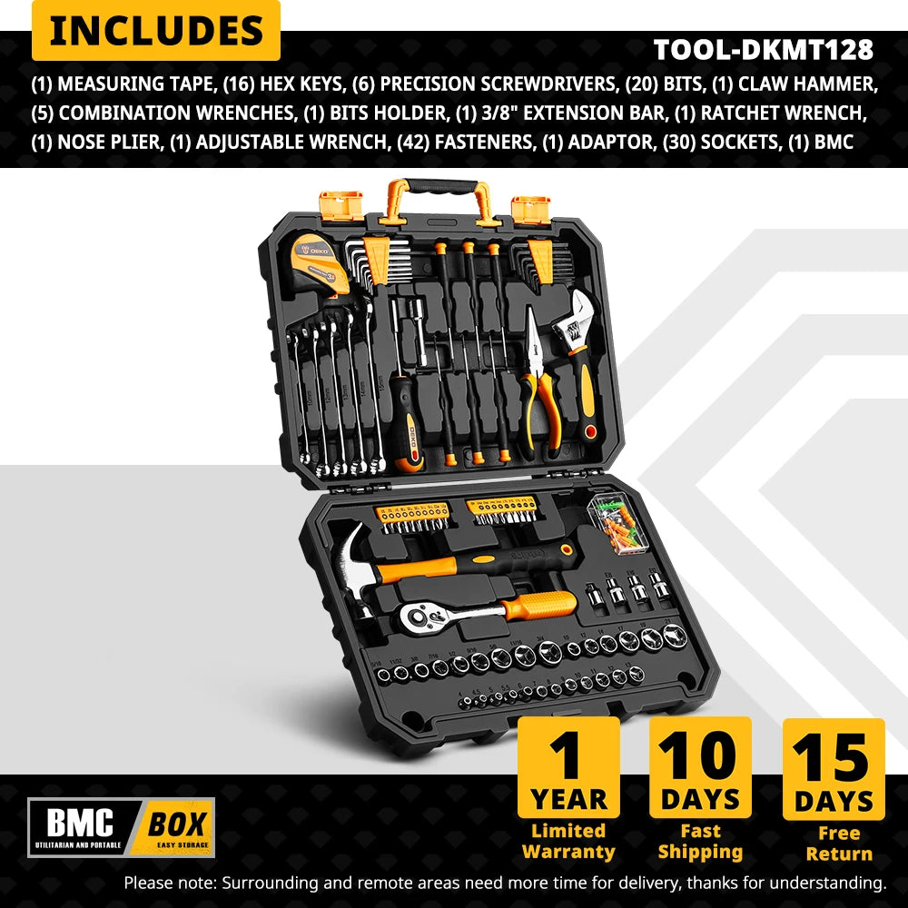Maletín de Herramientas DEKO DKMT128/DKMT196 – Kit Completo de Bricolaje y Reparación con Caja