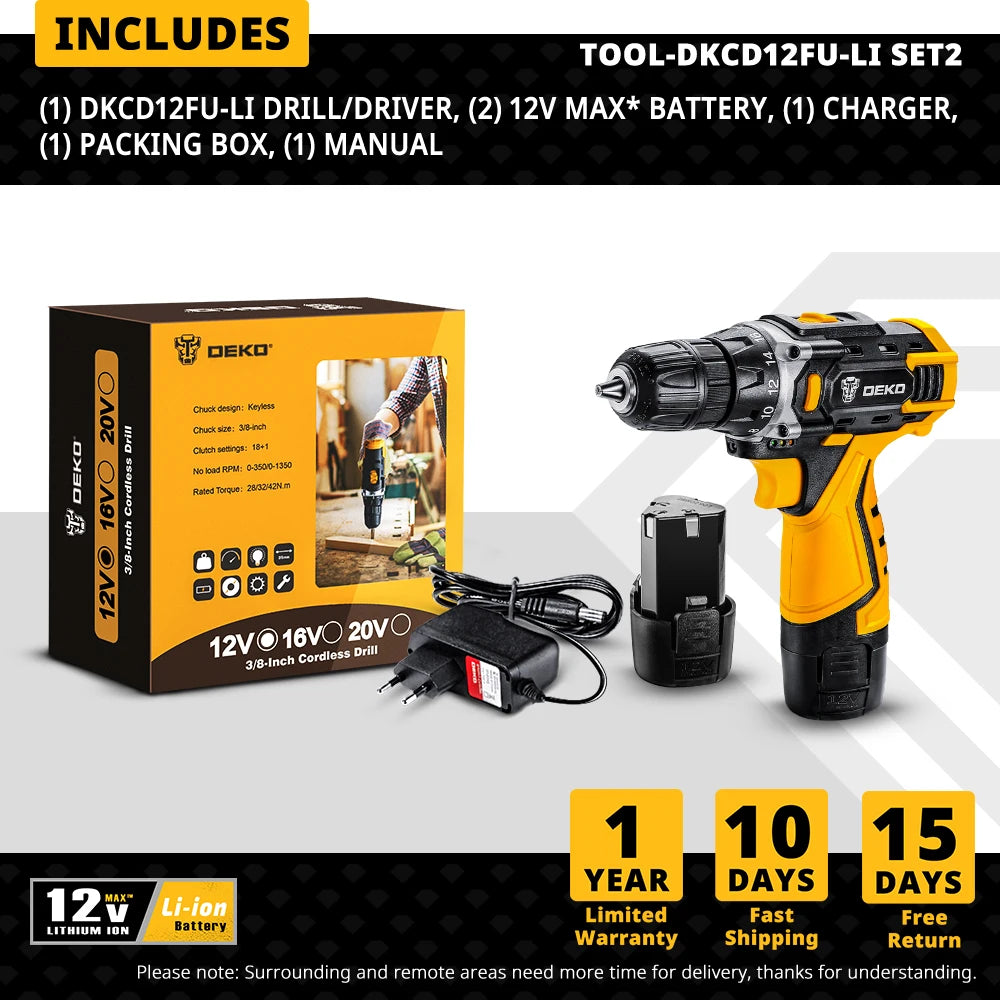 Taladro Inalámbrico DEKO 12V/16V/20V – Destornillador Eléctrico con Batería Litio para Bricolaje