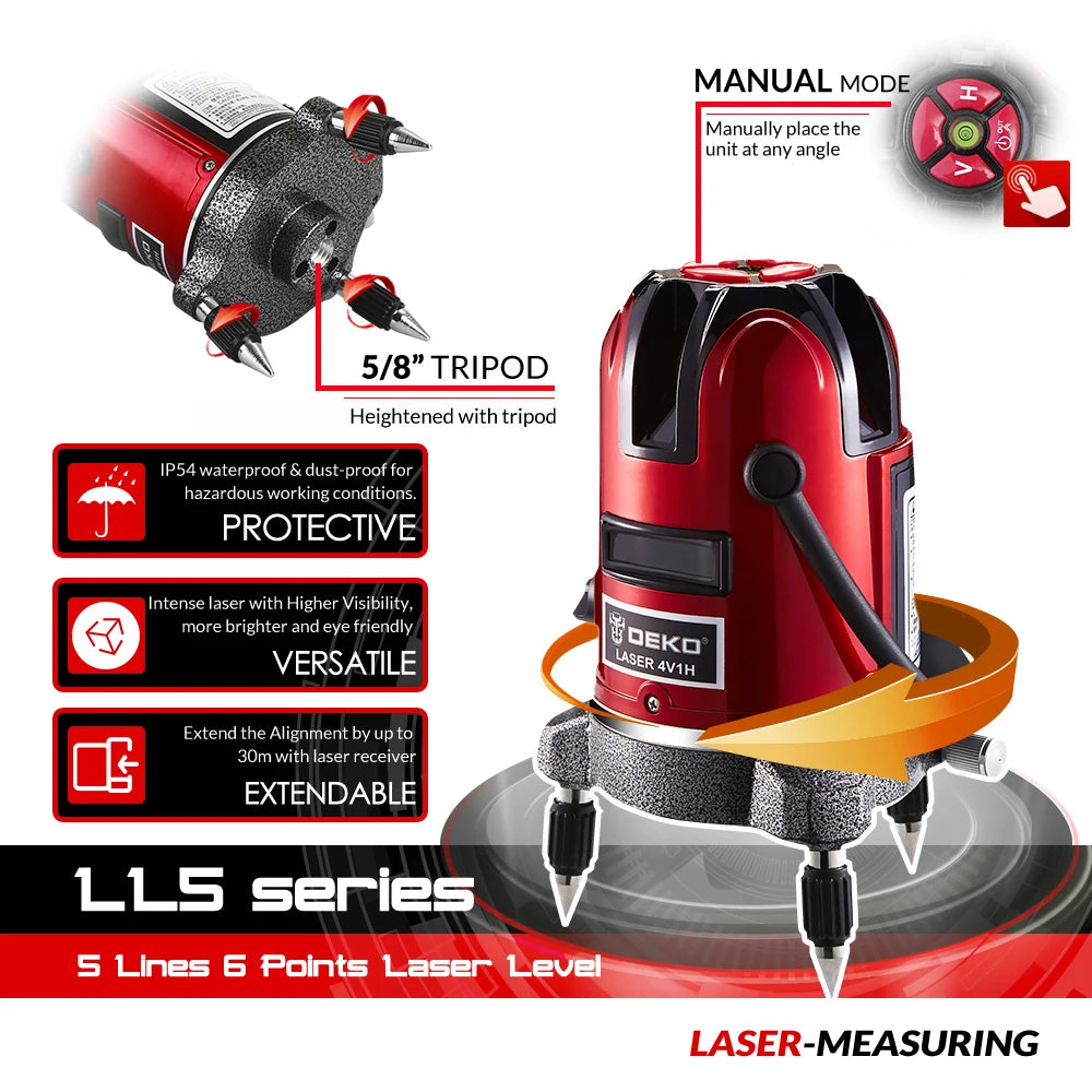 Nivel Láser DEKO LL5 5 Líneas + 6 Puntos – Autonivelante 360° con Luz Roja y Verde de Alta Visibilidad