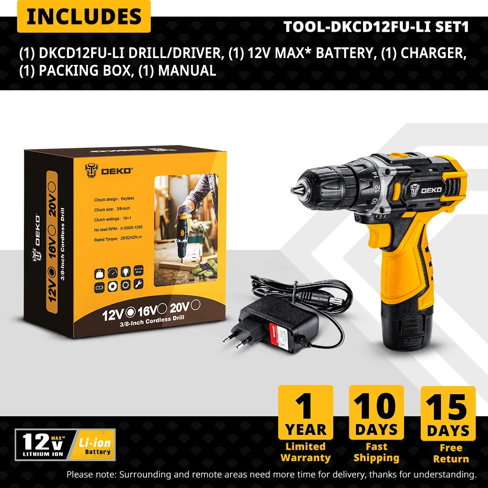 Taladro Inalámbrico DEKO 12V/16V/20V – Destornillador Eléctrico con Batería Litio para Bricolaje