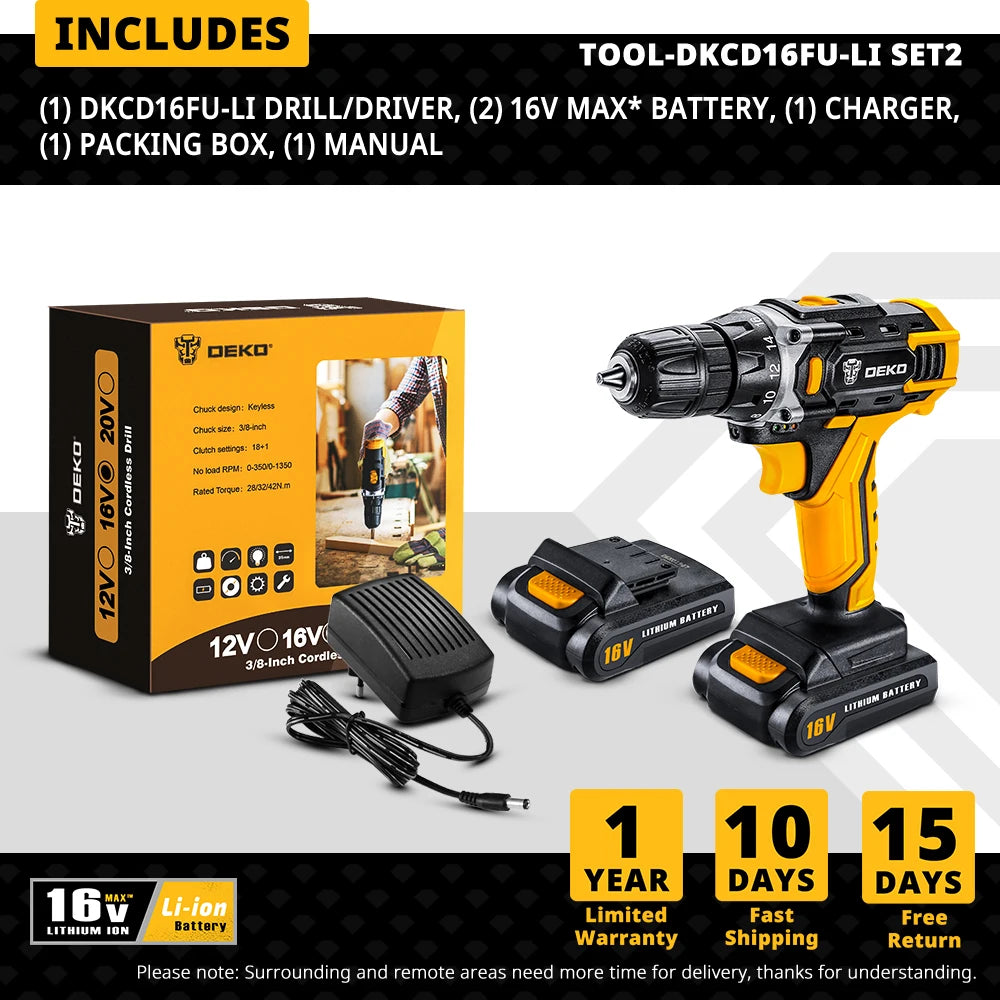 Taladro Inalámbrico DEKO 12V/16V/20V – Destornillador Eléctrico con Batería Litio para Bricolaje