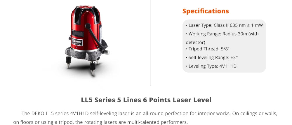 Nivel Láser DEKO LL5 5 Líneas + 6 Puntos – Autonivelante 360° con Luz Roja y Verde de Alta Visibilidad