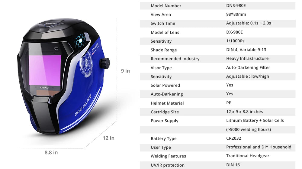 Casco de Soldadura DEKO Solar con Oscurecimiento Automático – Ajustable 4/9-13 para MIG/MMA