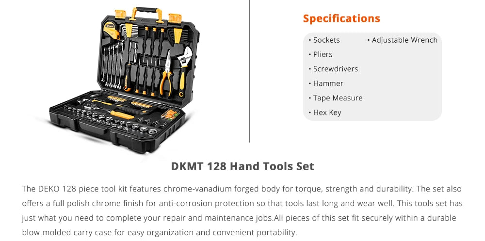 Maletín de Herramientas DEKO DKMT128/DKMT196 – Kit Completo de Bricolaje y Reparación con Caja