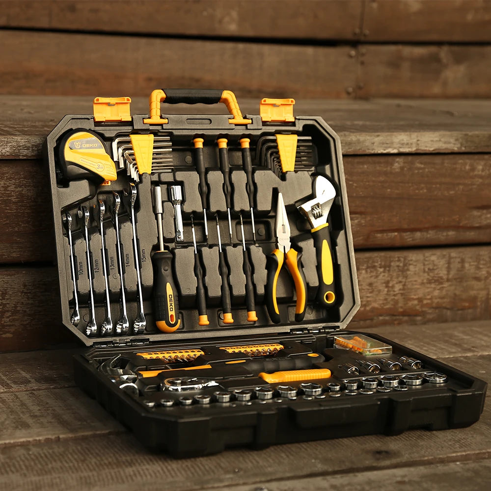 Maletín de Herramientas DEKO DKMT128/DKMT196 – Kit Completo de Bricolaje y Reparación con Caja