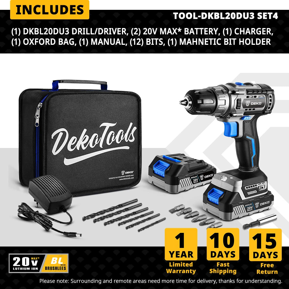 Kit Taladro Inalámbrico DEKO 20V Brushless – Mini Destornillador Eléctrico 2 Velocidades para Carpintería