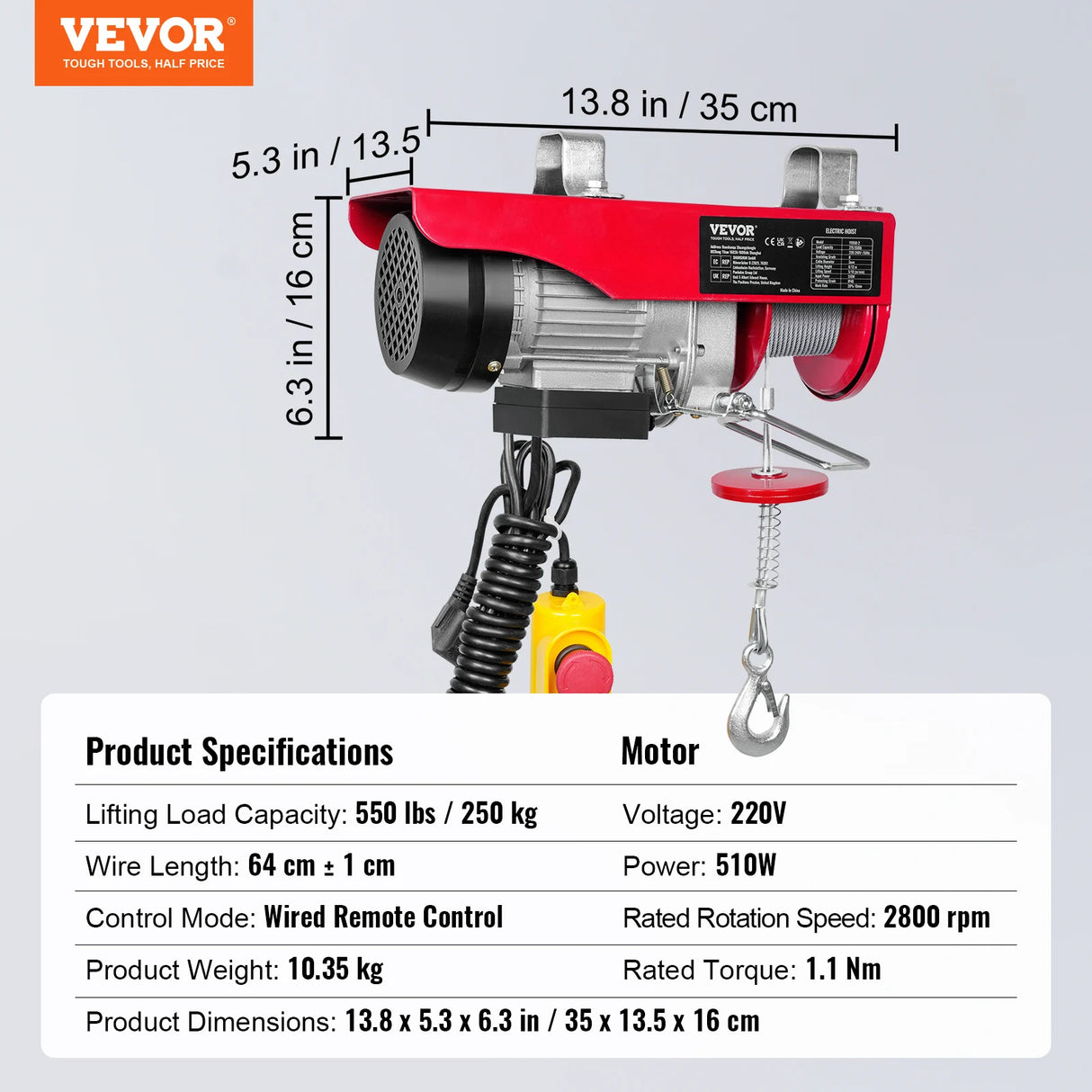 Polipasto Eléctrico VEVOR 250 kg 510W – Elevación 12 m con Motor de Cobre para Garaje y Almacén