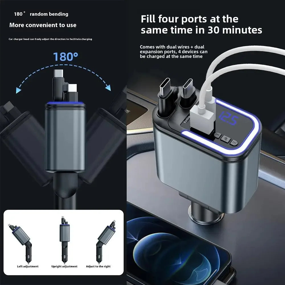Cargador de Coche 5 en 1 con Bluetooth FM – Carga Rápida USB, Cable Retráctil, MP3 y Soporte U Disk