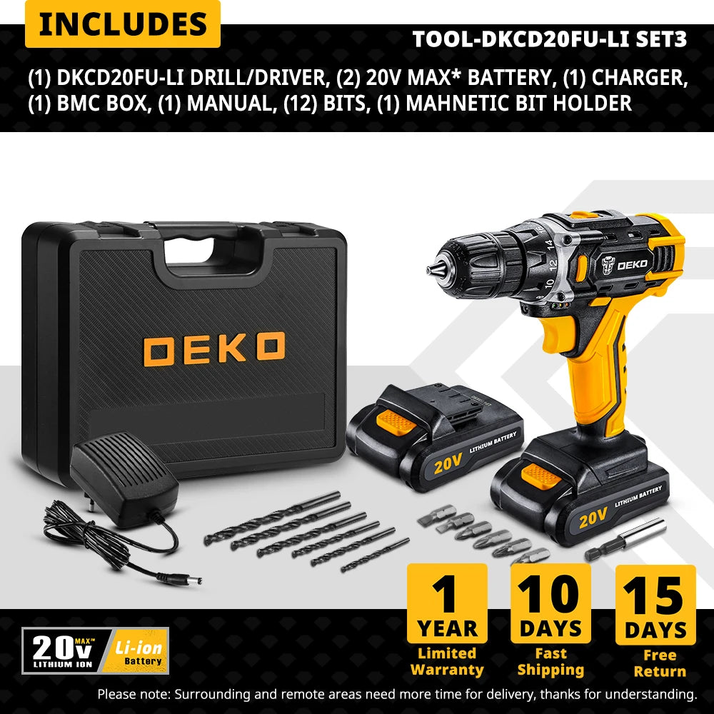 Taladro Inalámbrico DEKO 12V/16V/20V – Destornillador Eléctrico con Batería Litio para Bricolaje