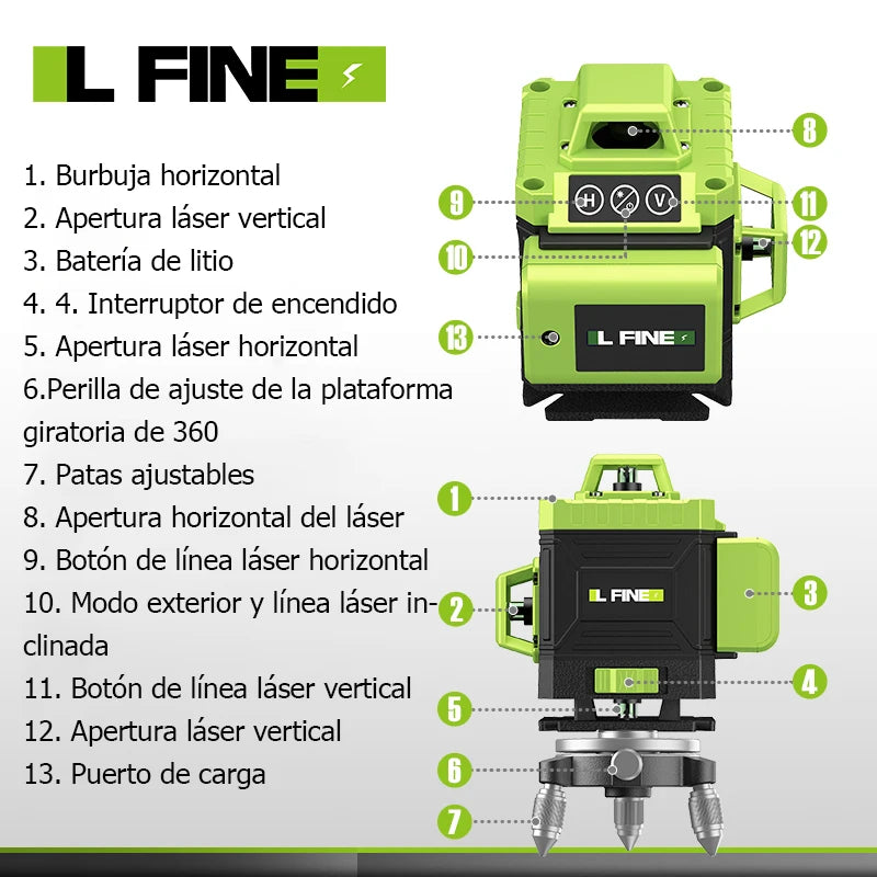 Nivel Láser Verde 4D 16 Líneas con Soporte y Mando a Distancia – Nivelador Automático Horizontal y Vertical, Alta Precisión para Construcción