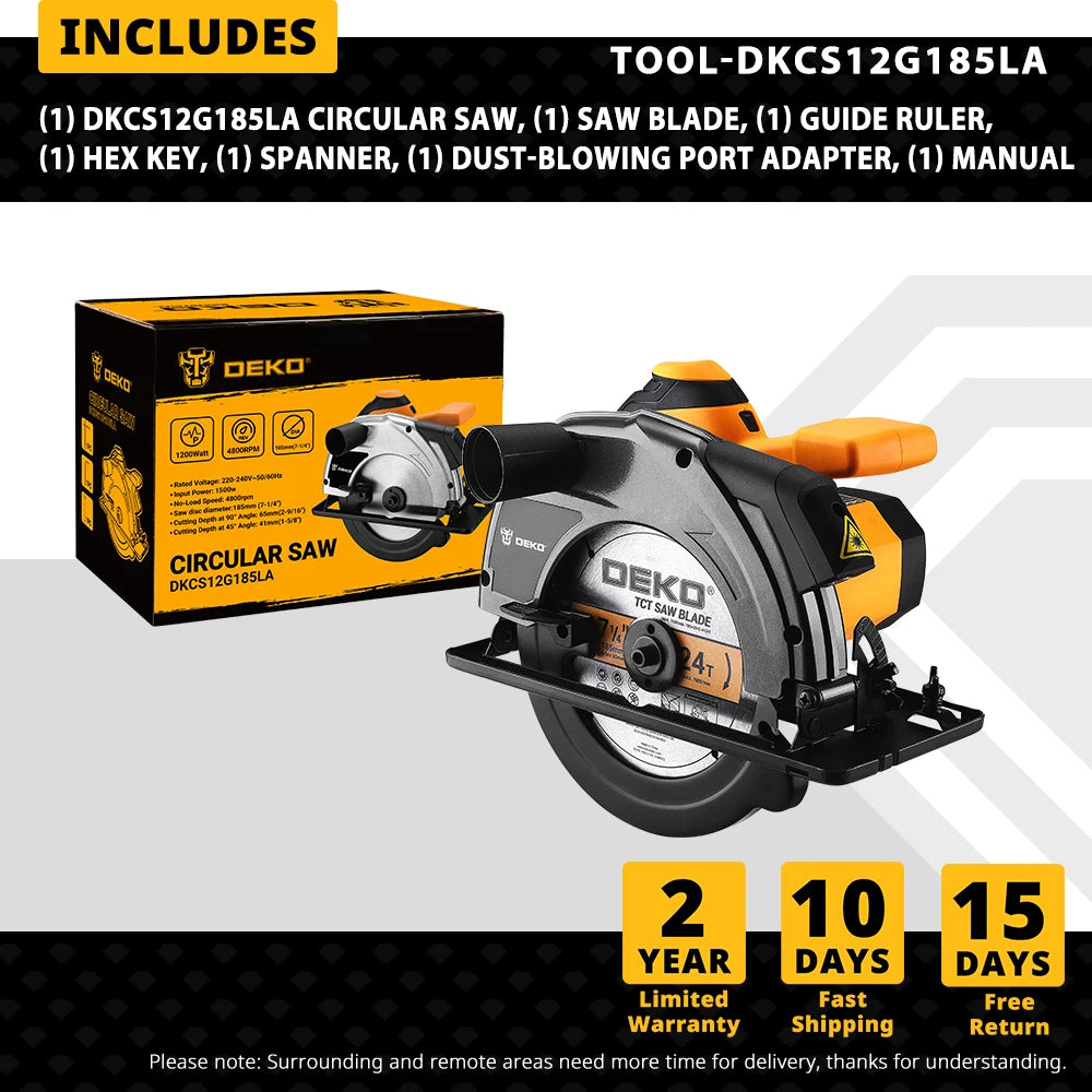 Sierra Circular DEKO 185 mm 1200W – Cortadora Eléctrica con Mango Auxiliar Serie DKCS