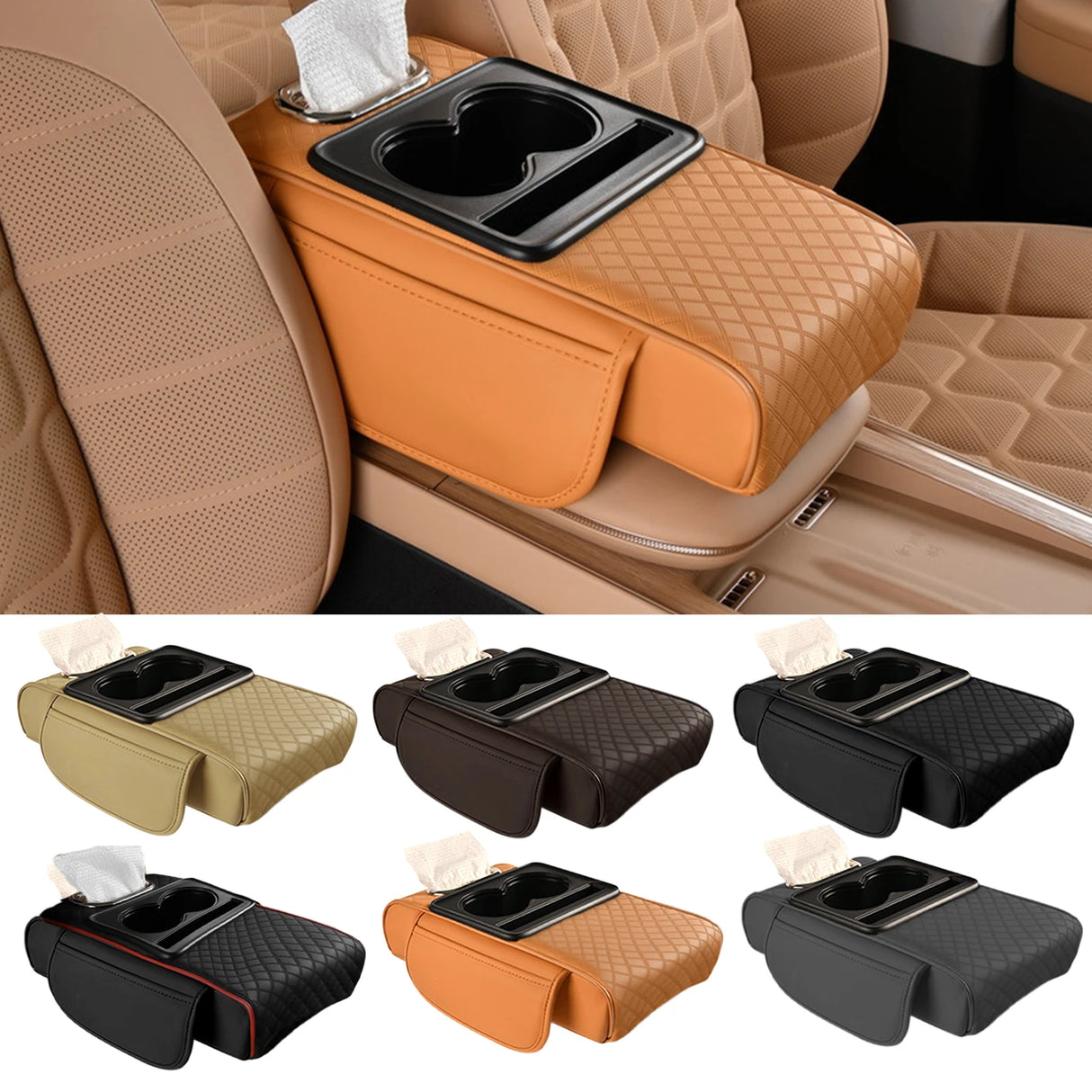 Caja Reposabrazos de Coche con Portavasos y Almacenamiento Lateral – Cojín Elevador con Soporte para Pañuelos y Cubierta Interior