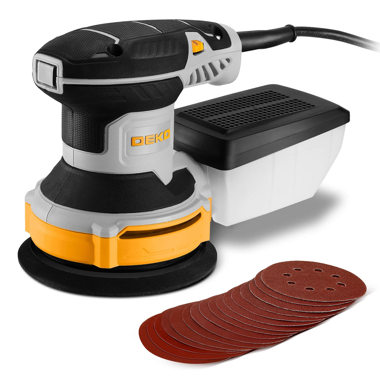Lijadora Orbital DEKO 300W 14.000 RPM – 125 mm con 16 Lijas y Colector de Polvo para Madera y Metal