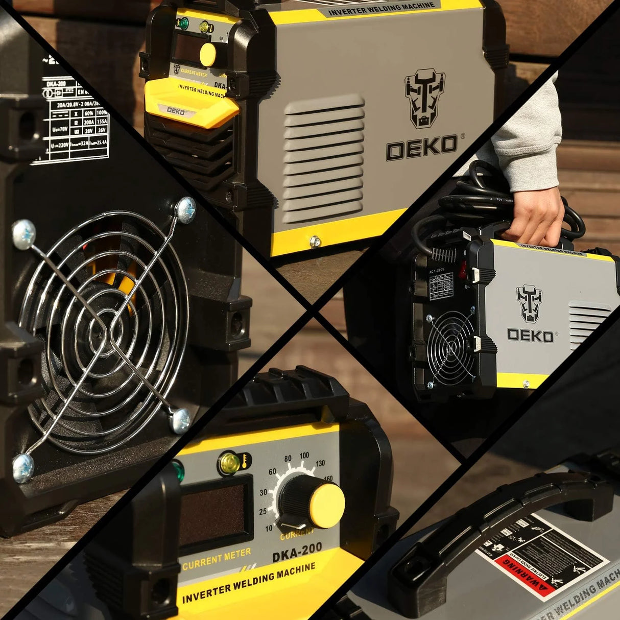 Soldadora DEKO MMA 220V ARC 200A – Máquina de Soldadura con Soporte de Electrodo y Accesorios