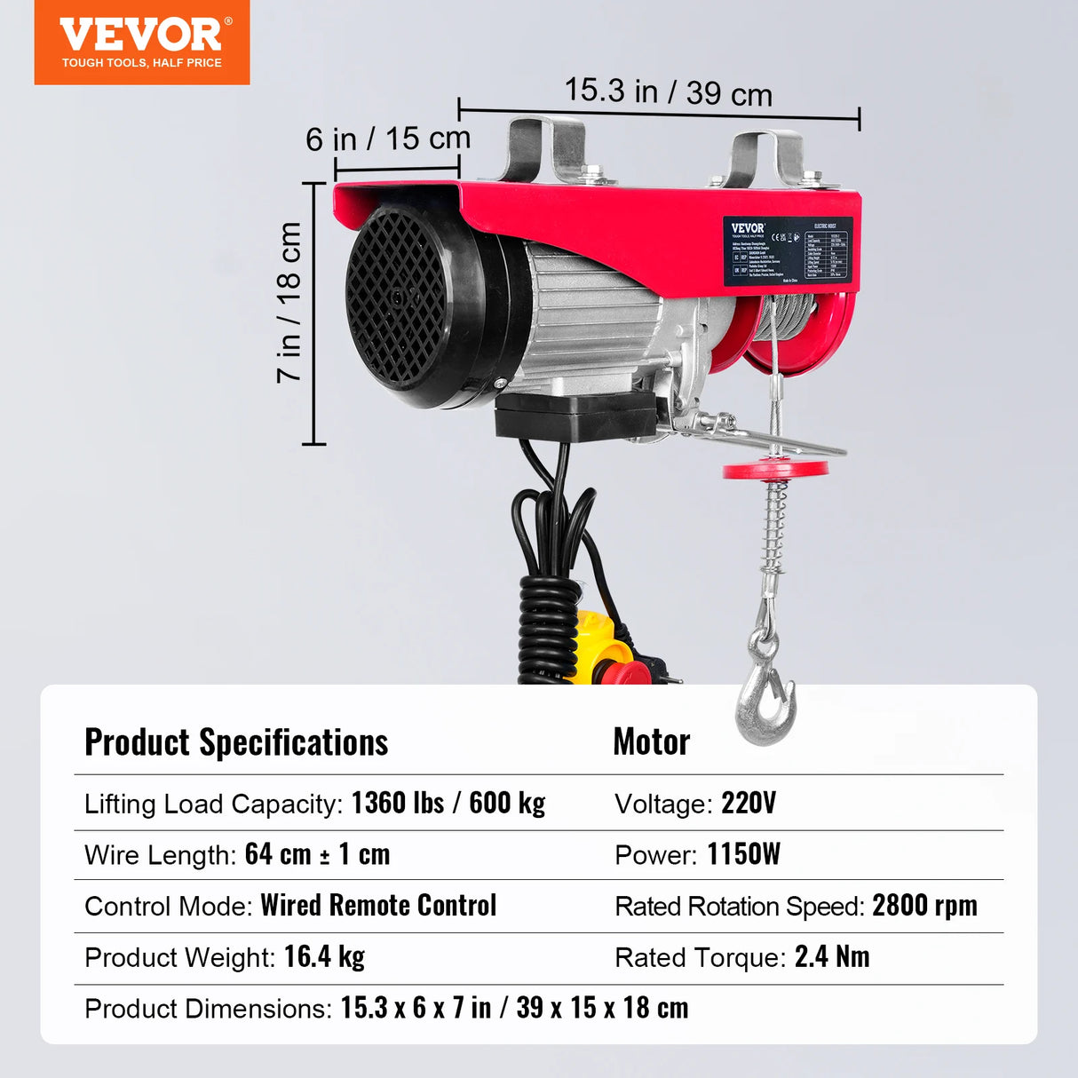 Polipasto Eléctrico VEVOR 250 kg 510W – Elevación 12 m con Motor de Cobre para Garaje y Almacén