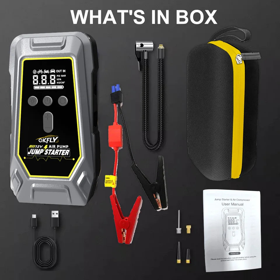 GKFLY 4 en 1 Arrancador de Coche 7000A con Compresor 150 PSI – Power Bank y Bomba Digital 12V