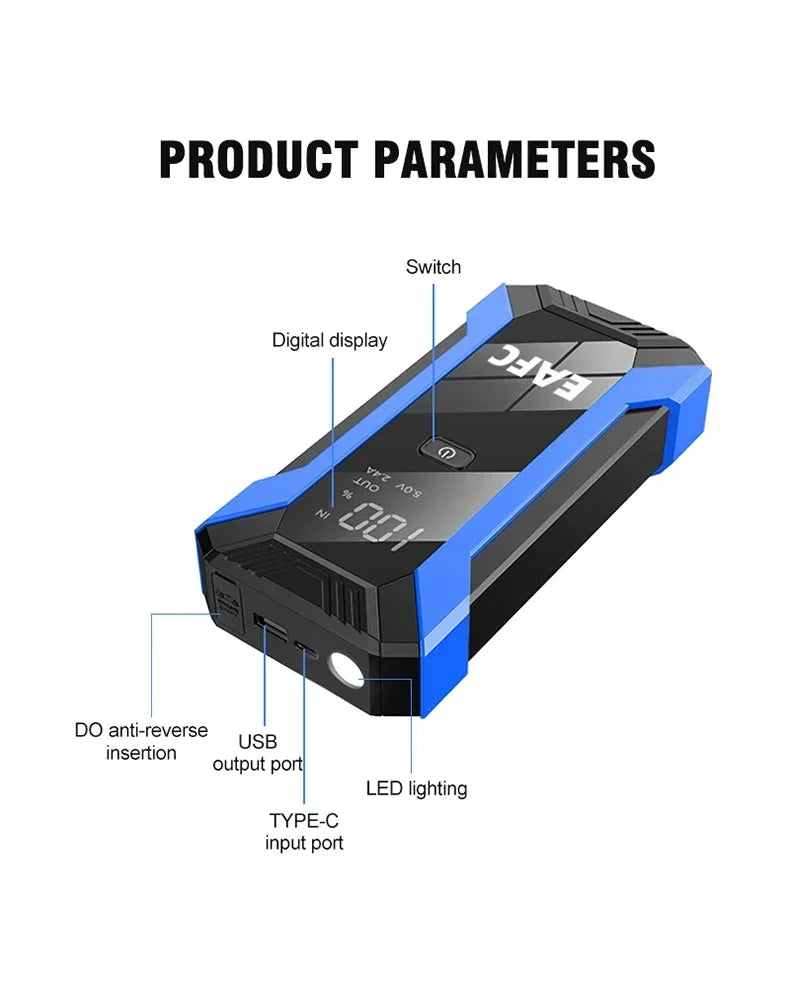 Arrancador de Batería Coche 1200A 12V EAFC | Power Bank 20000mAh con Carga Inalámbrica, LED SOS y Martillo de Emergencia