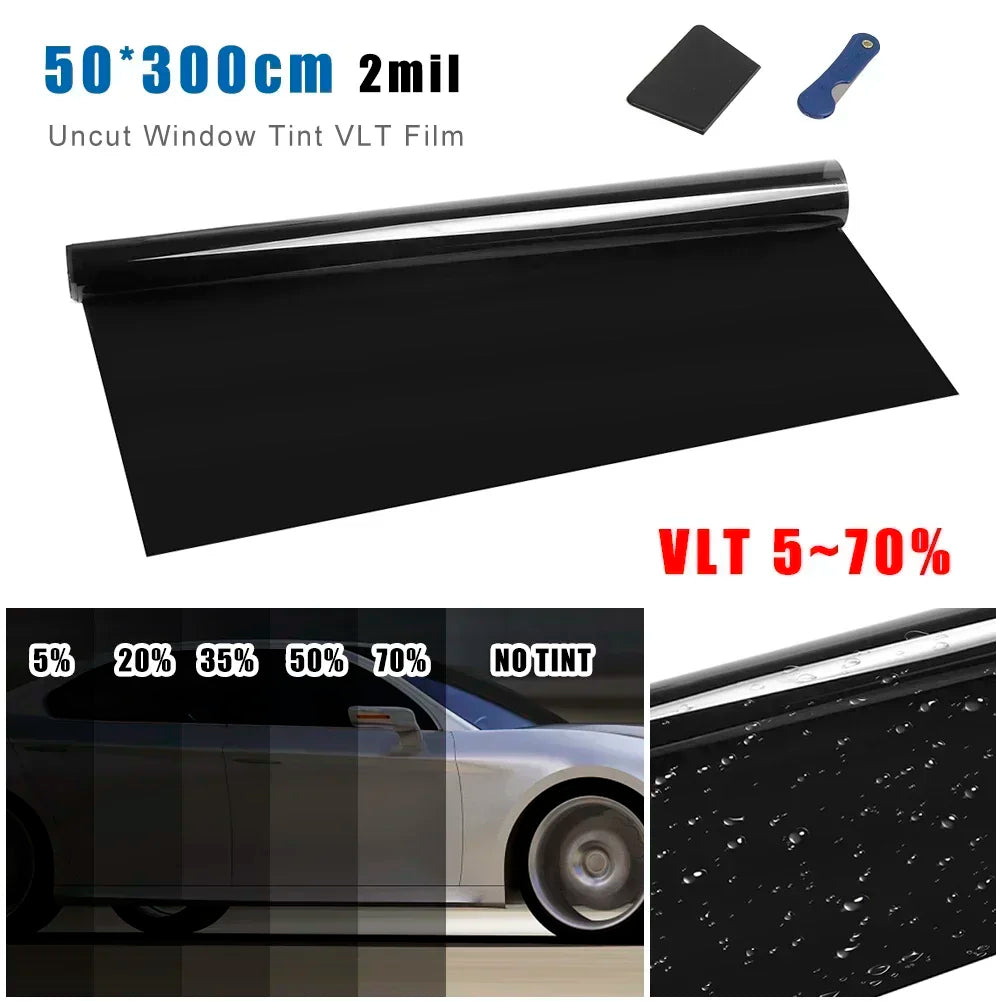 Lámina Tintada para Ventanas de Coche 50x300 cm – Negro 5%–70% VLT, Protección UV y Adhesivo Solar