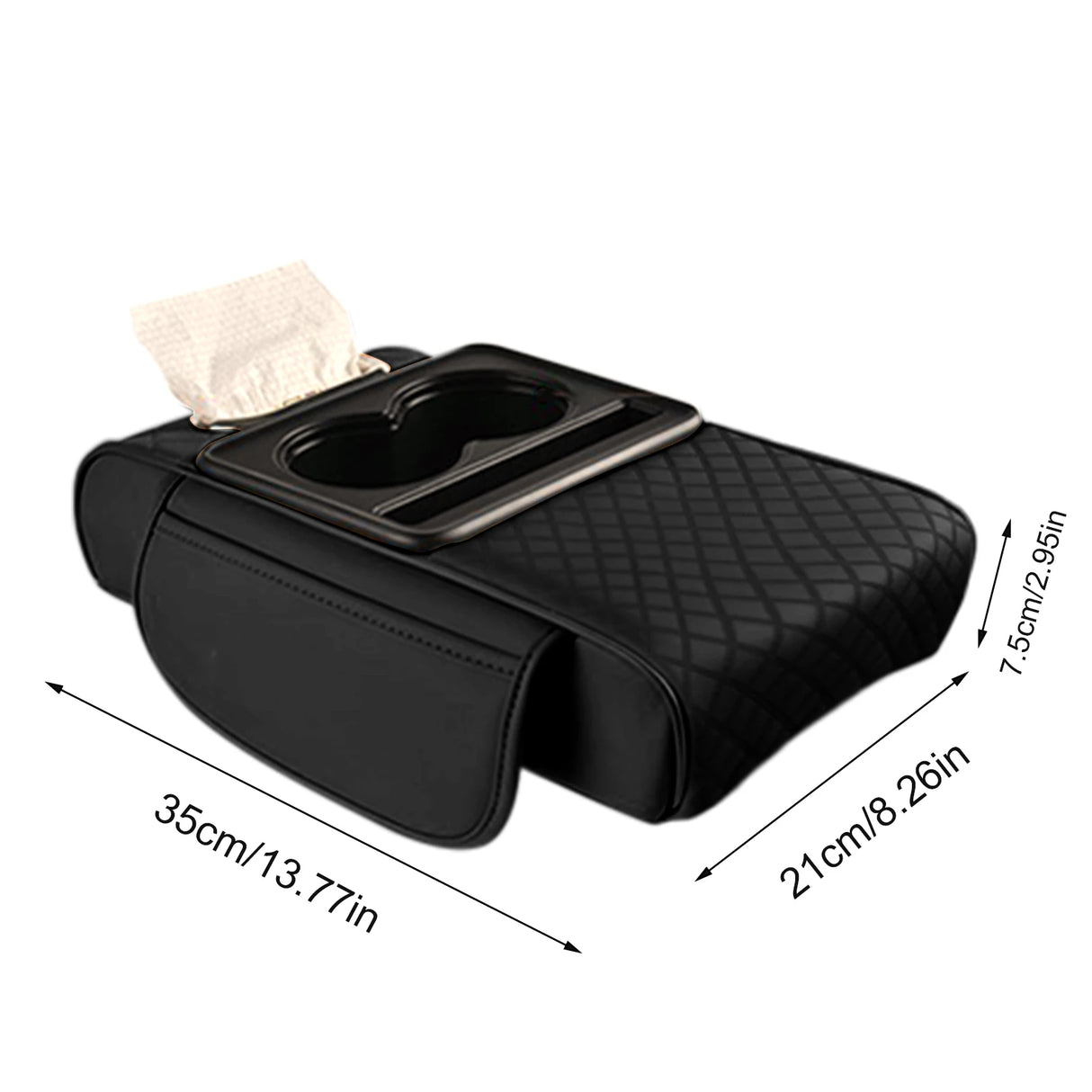 Caja Reposabrazos de Coche con Portavasos y Almacenamiento Lateral – Cojín Elevador con Soporte para Pañuelos y Cubierta Interior
