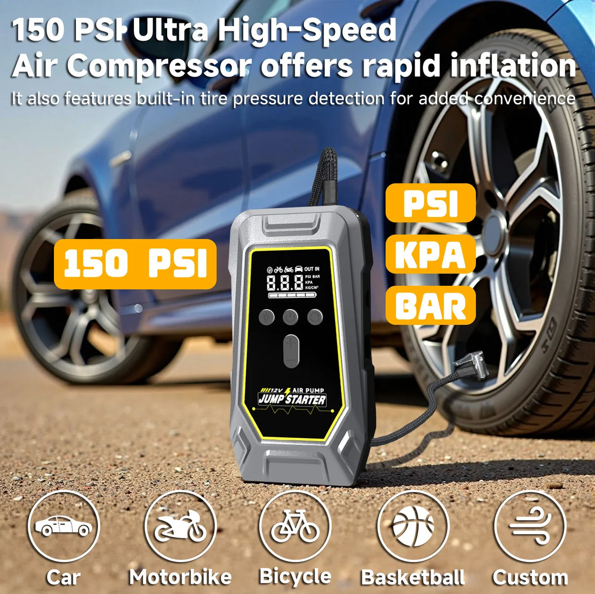 GKFLY 4 en 1 Arrancador de Coche 7000A con Compresor 150 PSI – Power Bank y Bomba Digital 12V