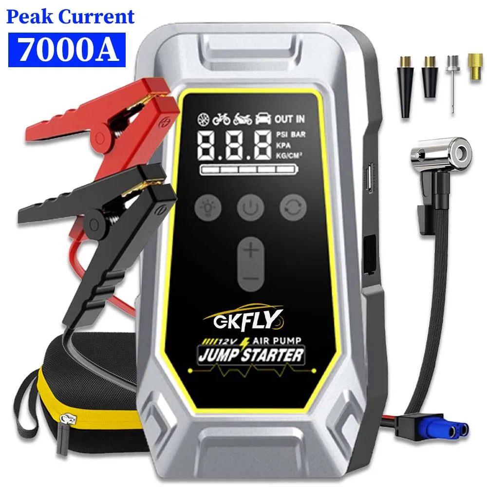 GKFLY 4 en 1 Arrancador de Coche 7000A con Compresor 150 PSI – Power Bank y Bomba Digital 12V