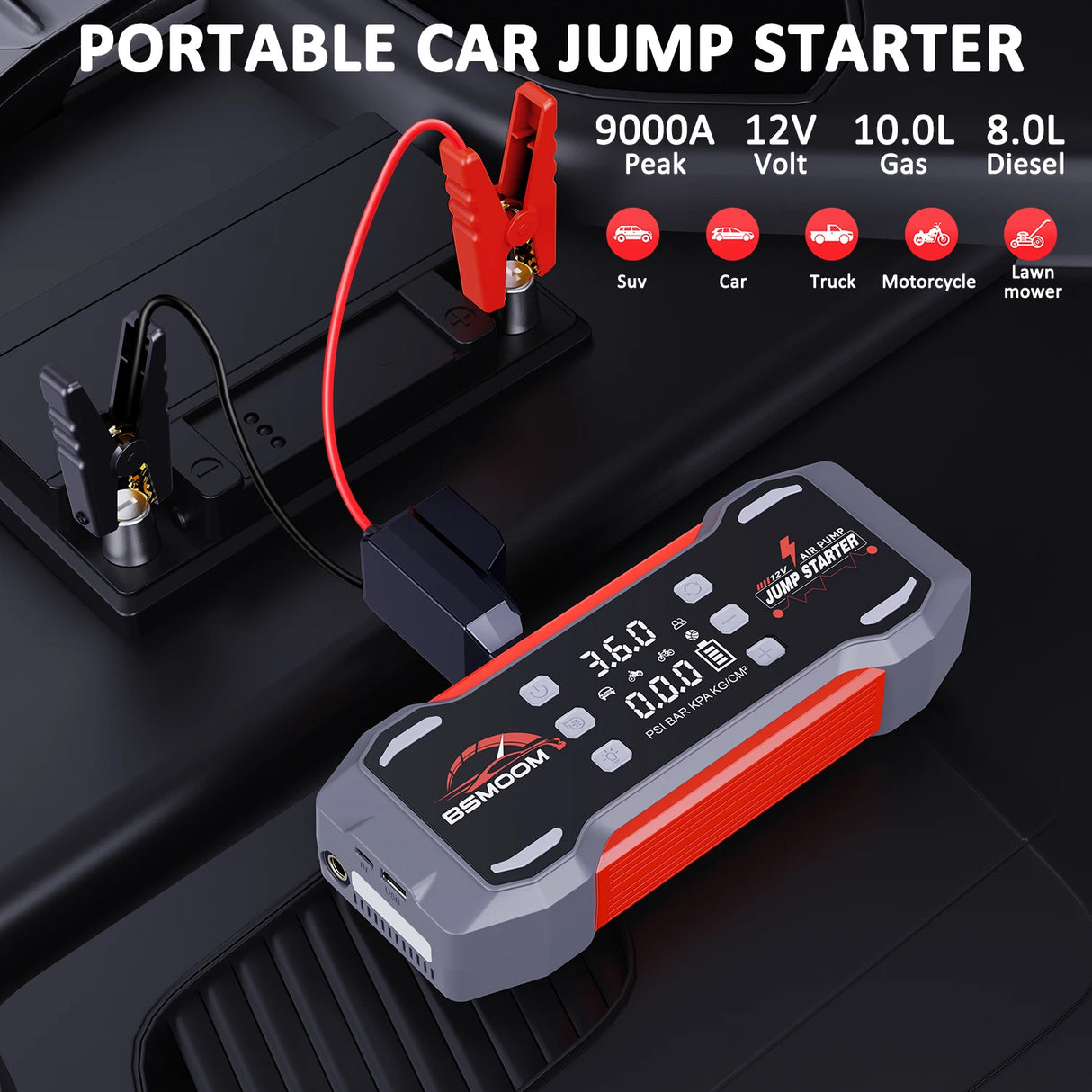 Arrancador de Coche 8000/9000A con Compresor 150 PSI – Booster Batería Portátil para Gasolina y Diésel