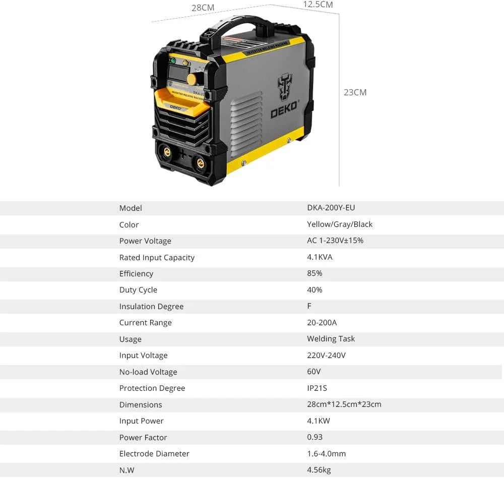 Soldadora DEKO MMA 220V ARC 200A – Máquina de Soldadura con Soporte de Electrodo y Accesorios
