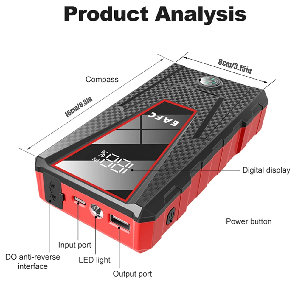 Arrancador de Batería Portátil 1200A 12V – Jump Starter para Coche Gasolina 4.0L y Diésel 2.0L