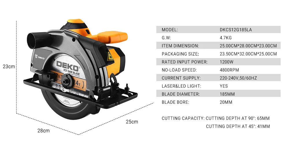Sierra Circular DEKO 185 mm 1200W – Cortadora Eléctrica con Mango Auxiliar Serie DKCS