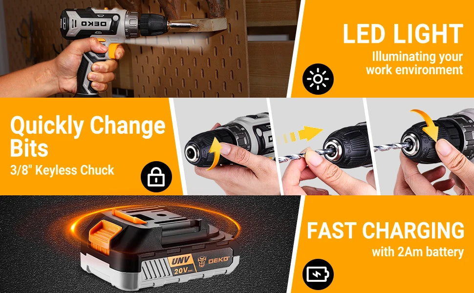 Kit Taladro Inalámbrico DEKO 20V – Taladro con Batería y Caja de Herramientas para Hogar