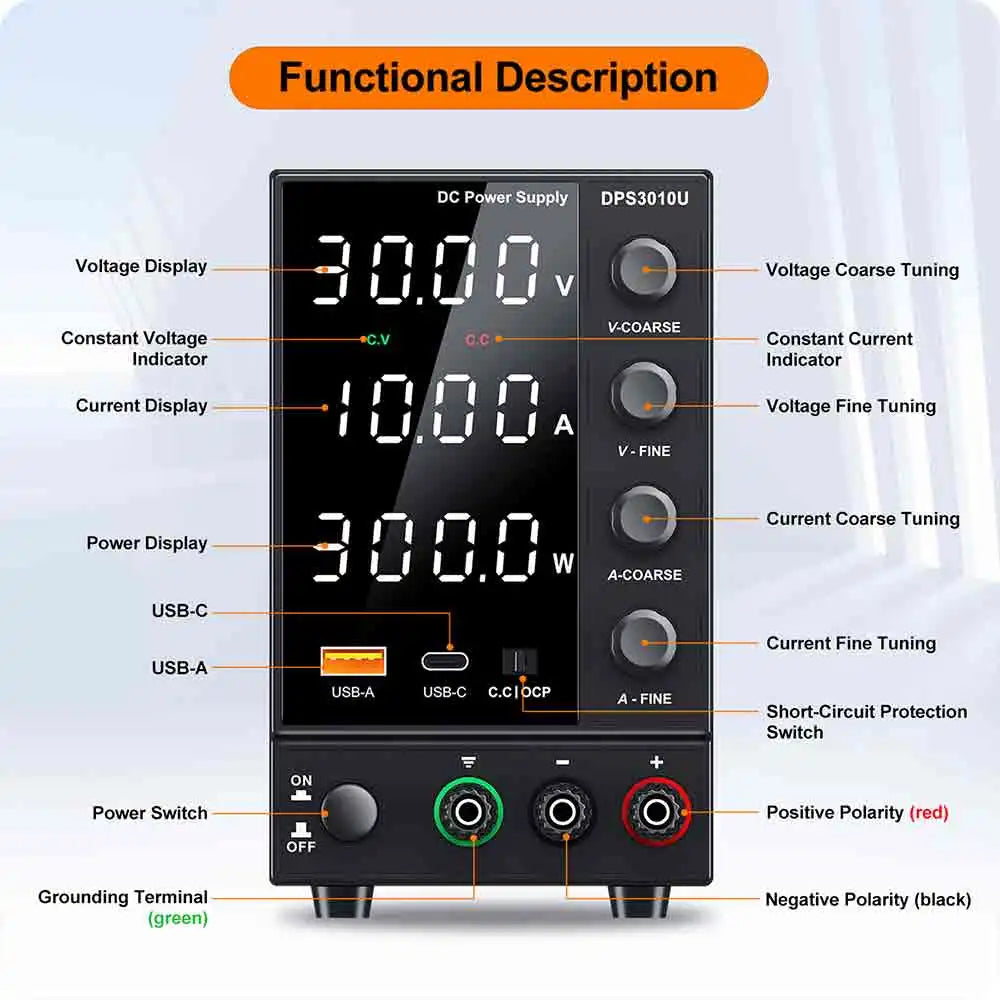 Fuente de Alimentación de Laboratorio Ajustable CC 30V/60V/120V – 5A/10A/3A con Pantalla LCD y Salida Estabilizada